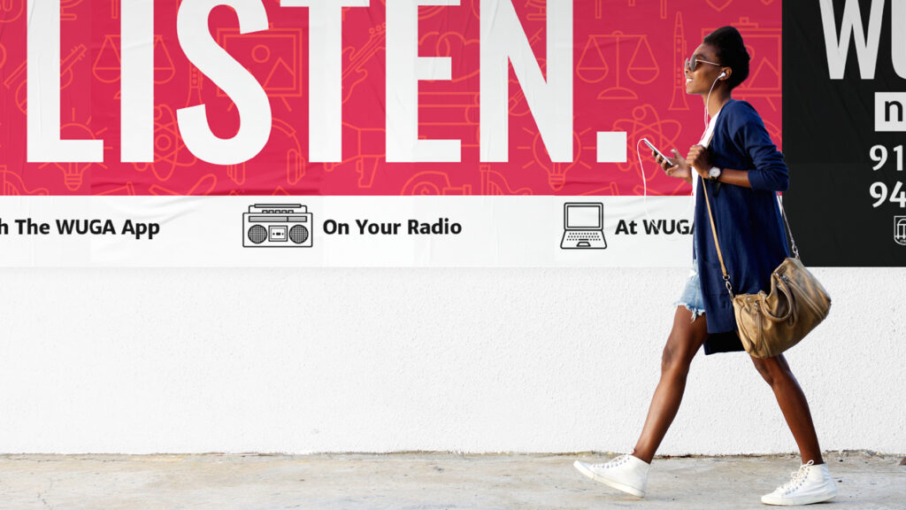 LISTEN Campaign with woman walking infront