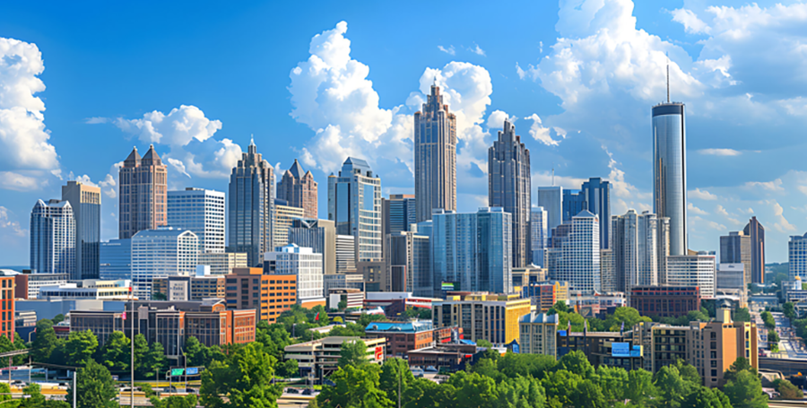 Downtown Atlanta Skyline showing several prominent buildings and hotels under a blue sky