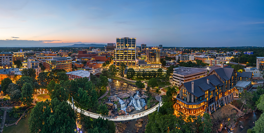 Greenville, South Carolina at Falls Park on Reedy Creek at dusk.
